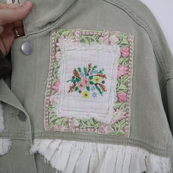 POL Jean Jacket Womens S Sage Green NWOT Cottagecore Boho Hippie Granny Eclectic - Picture 10 of 16